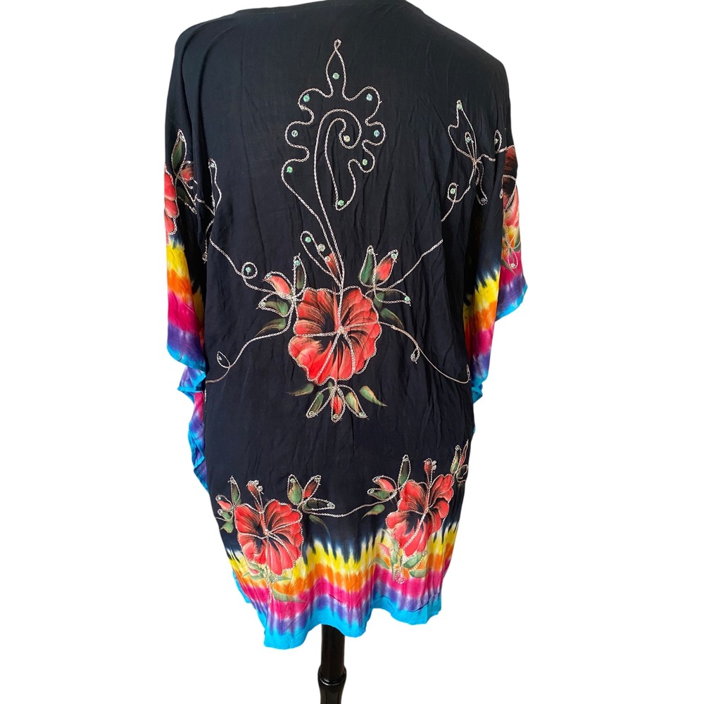 Island Planet Beaded Embroidered Floral Tie Dye Sequin Black Kaftan Cover Up‎ OS - Picture 3 of 10